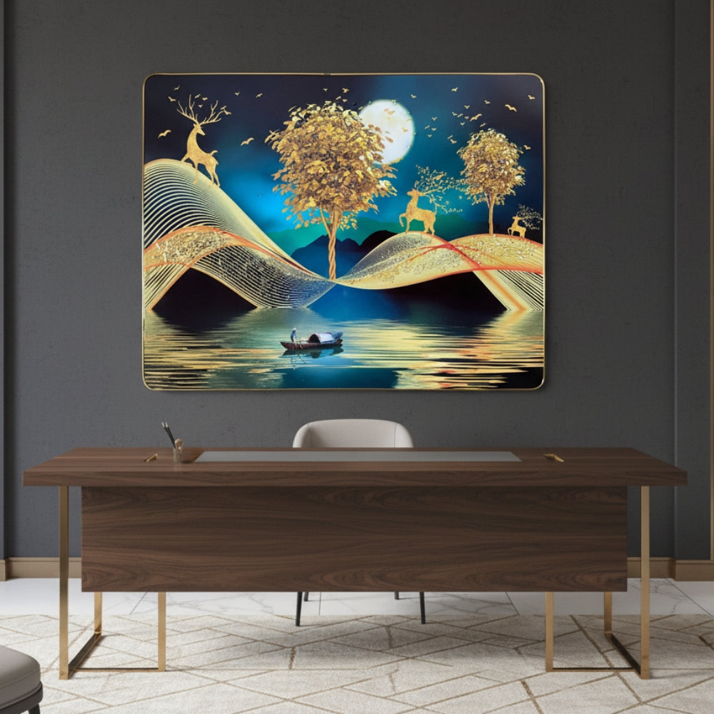Luxury Golden Deer & Moon Resin Wall Art (21x27") – 3D Look Abstract Night Scenery for Living Room Vastu & Prosperity Decor