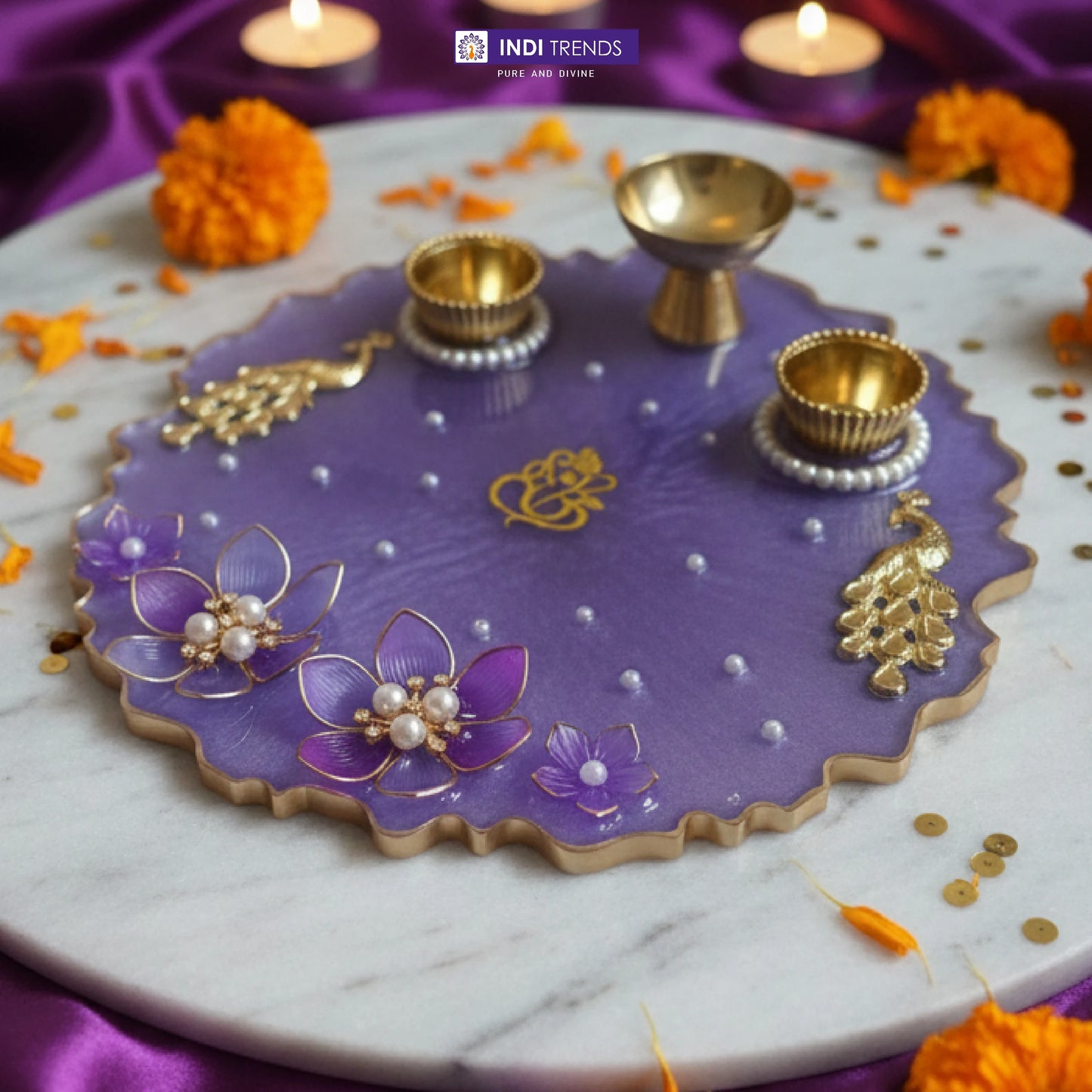 Handcrafted Resin Decorative Pooja Dish with Pearl & Floral Detailing
