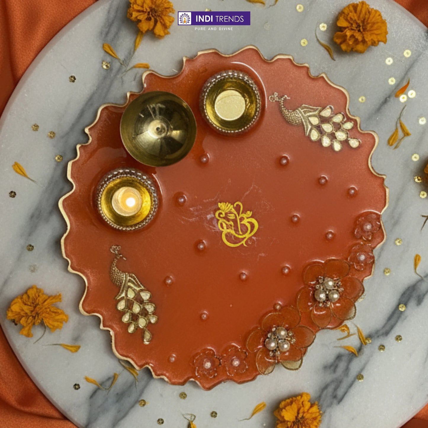 Handcrafted Resin Decorative Pooja Dish with Pearl & Floral Detailing