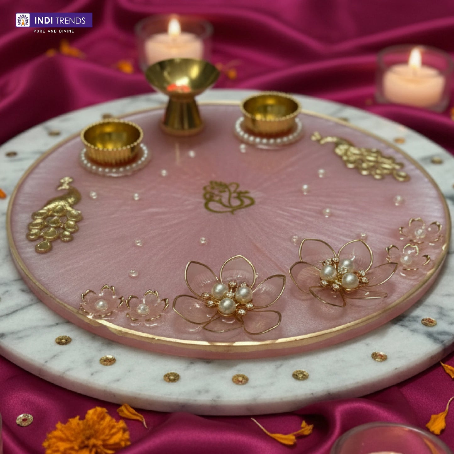 Handcrafted Resin Decorative Pooja Dish with Pearl & Floral Detailing