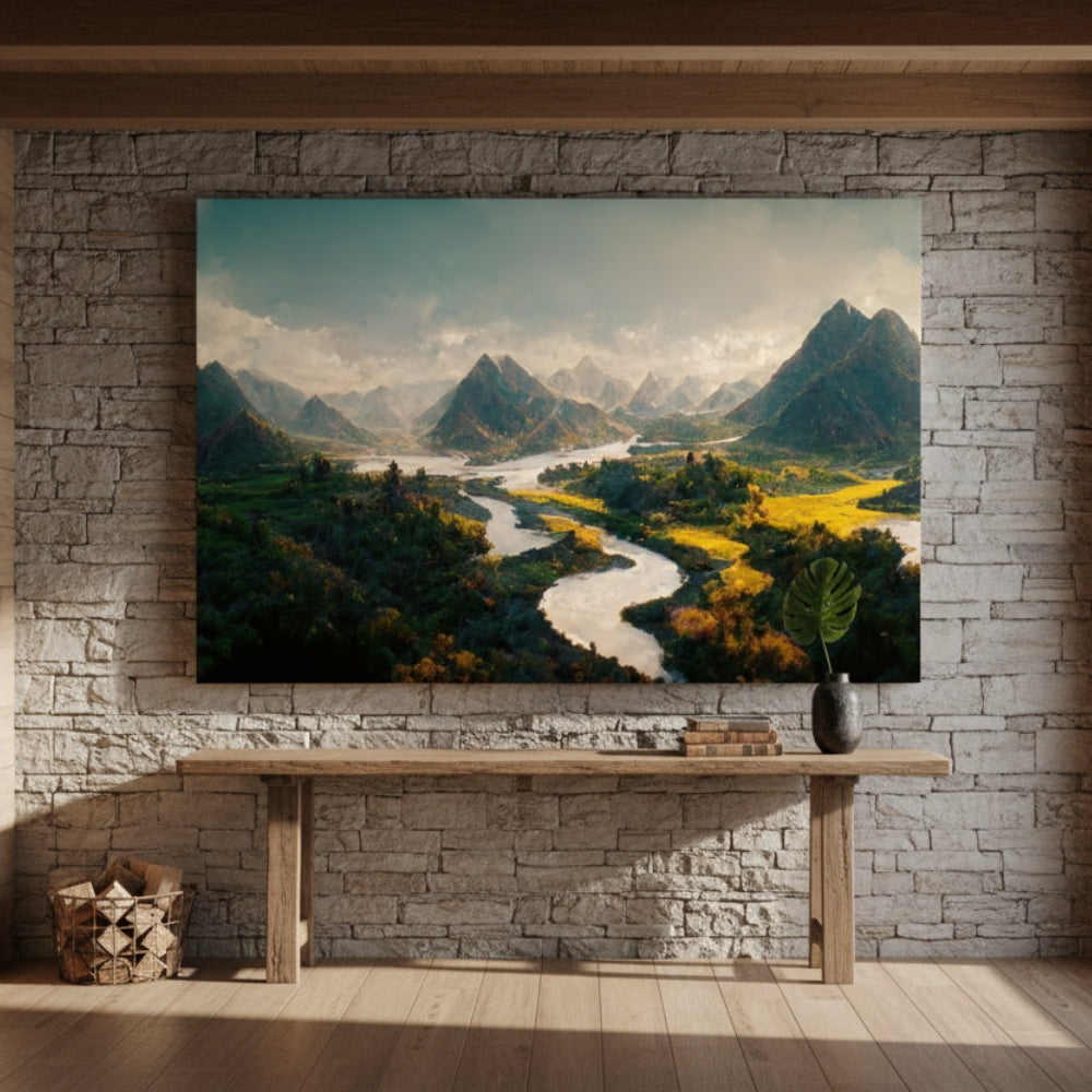 The Timeless Serenity Of A Winding White River Flowing Through A Grand Valley Of Green And Gold