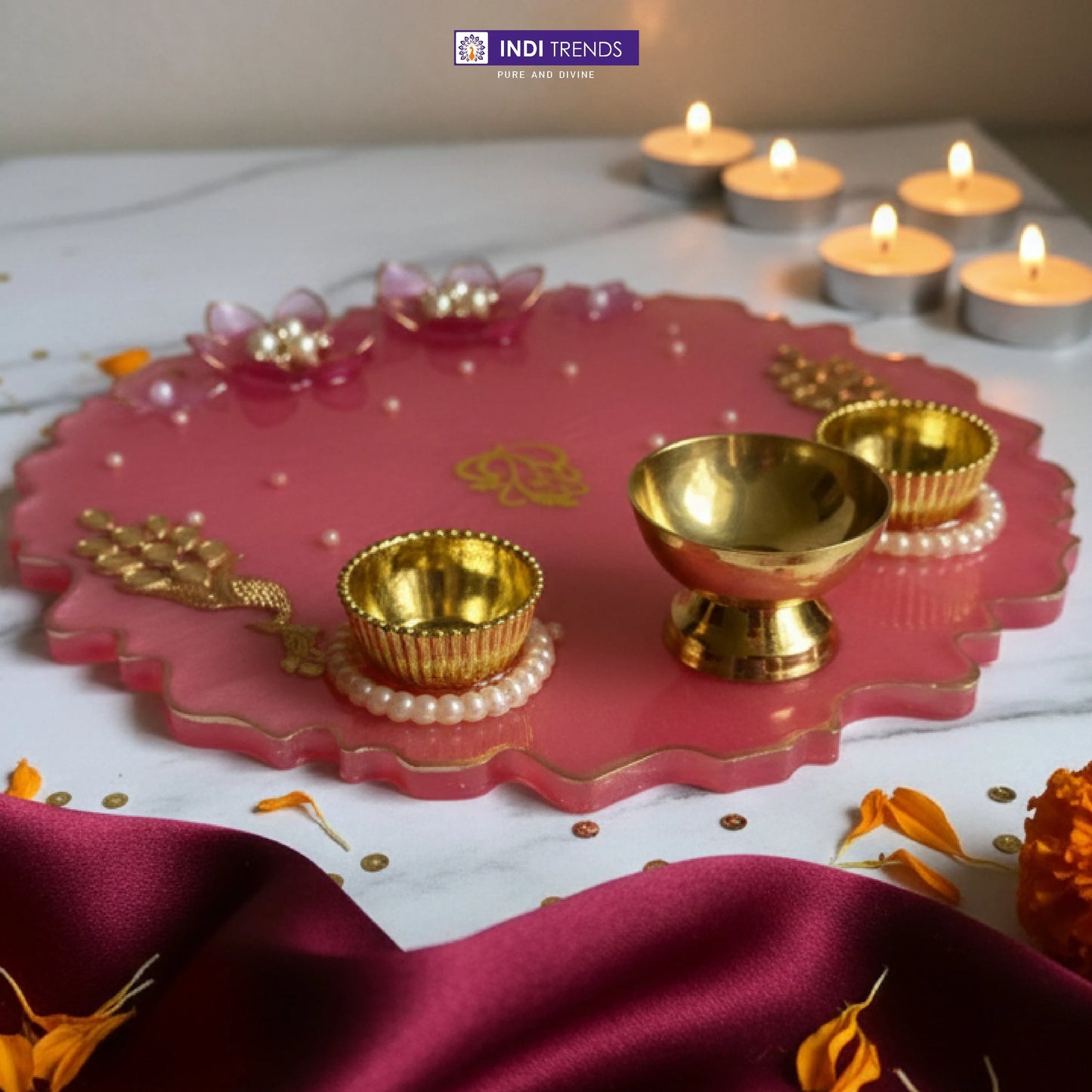 Handcrafted Resin Decorative Pooja Dish with Pearl & Floral Detailing