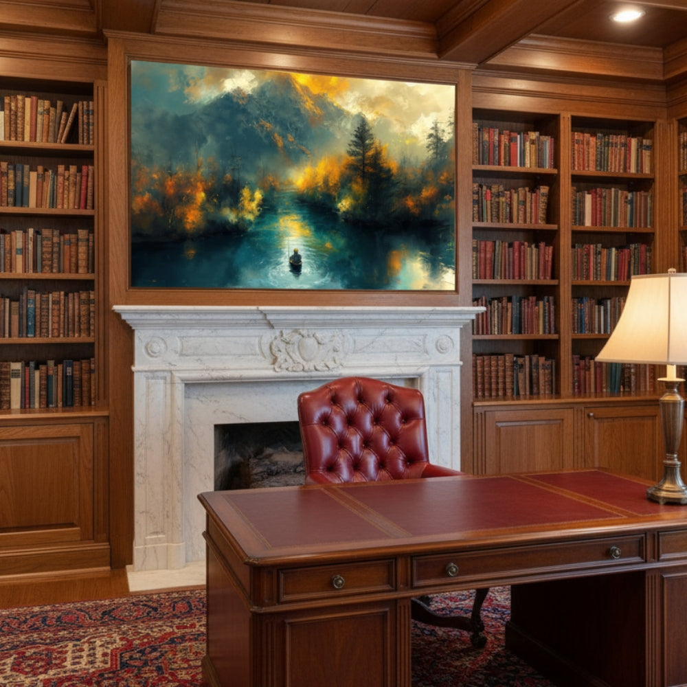 Abstract River of Gold Canvas Print - Solitary Boat Wall Decor