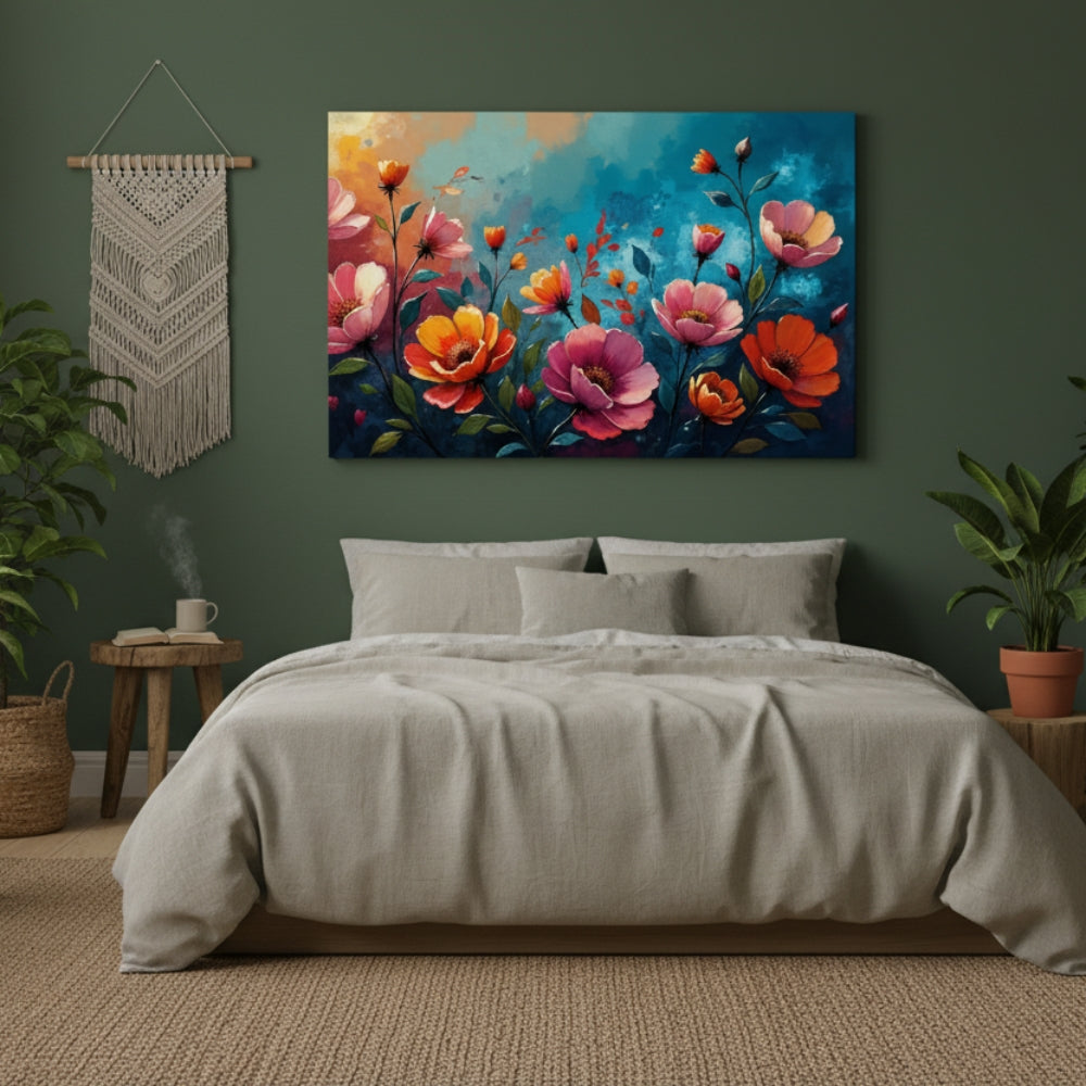 Vivid Coral & Teal Floral Canvas
