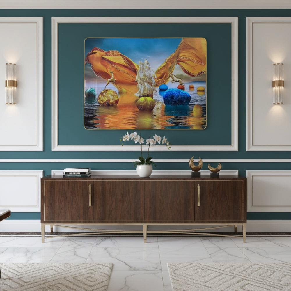 Surreal Fantasy Seascape Canvas Wall Art - Golden Ship With Giant Butterfly Wings And Floating Orbs