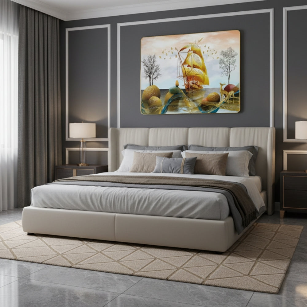 Golden Prosperity Ship Resin Wall Art (21x27") – Surreal 3D Vastu Seascape for Wealth & Success Decor