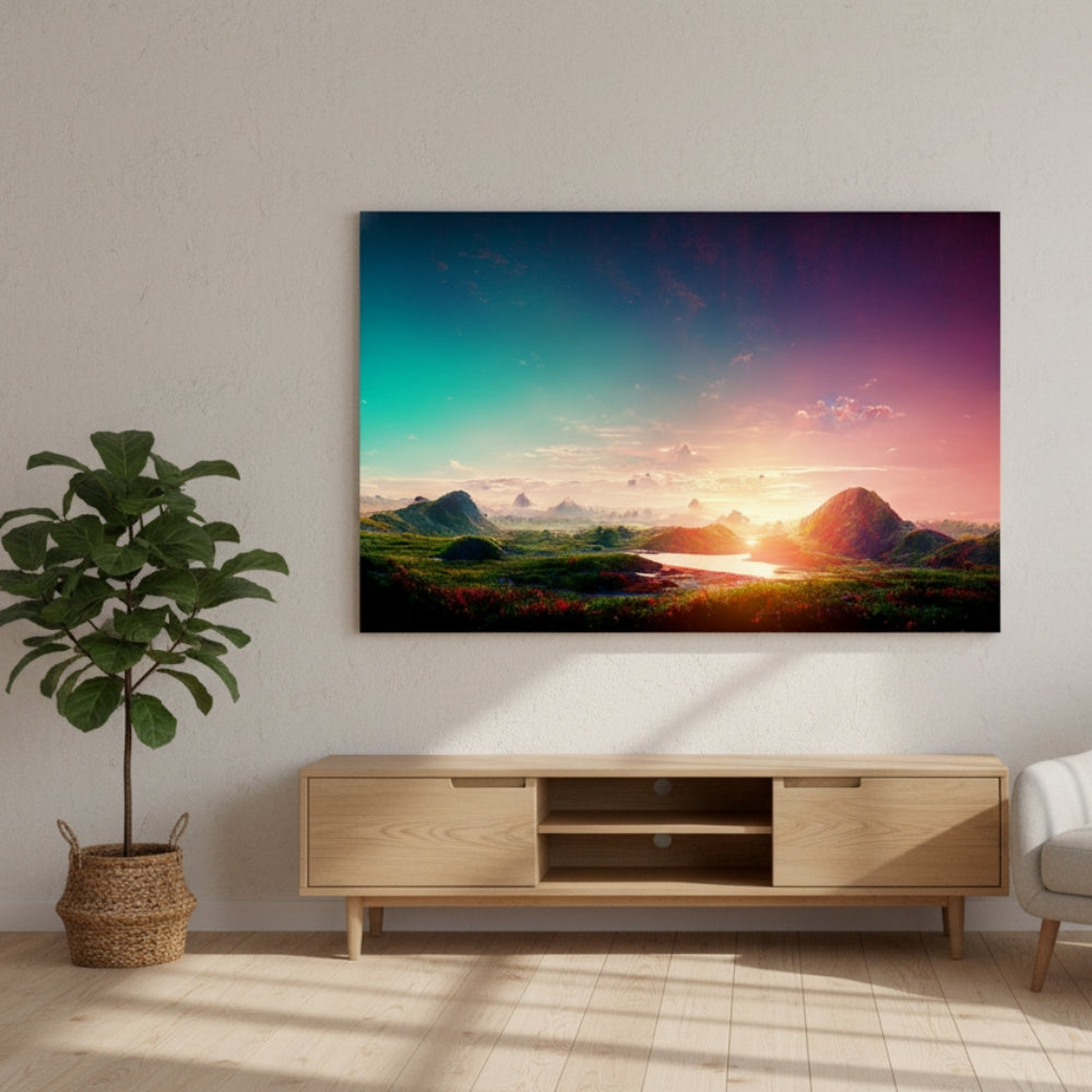 The Magical Moment Where The Teal Sky Kisses The Burning Orange Horizon Over The Strange Green Hills