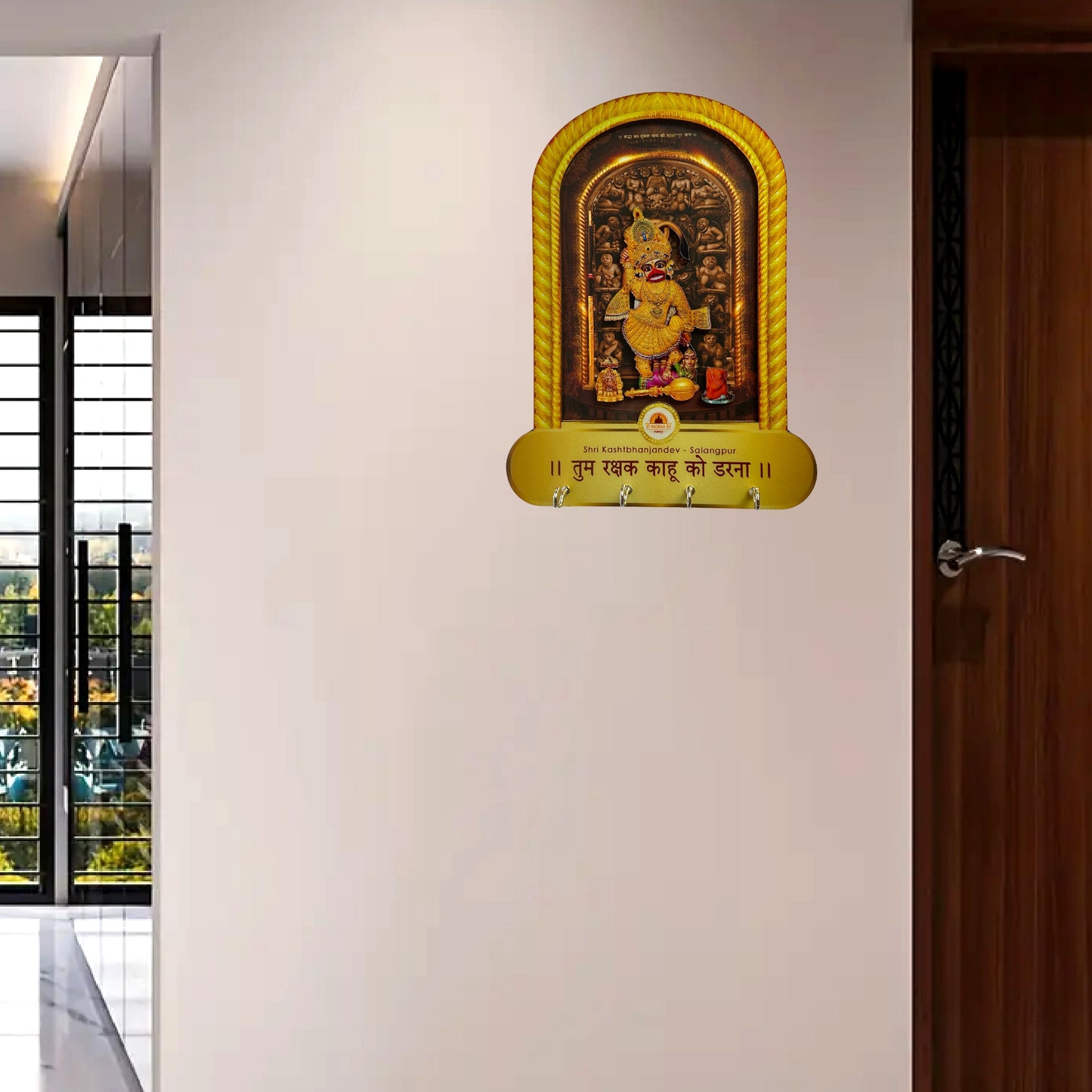 Shri Kashtbhanjan Dev Wooden Key Holder – Salangpur Mandir Design with Mantra (Wall Hanging)