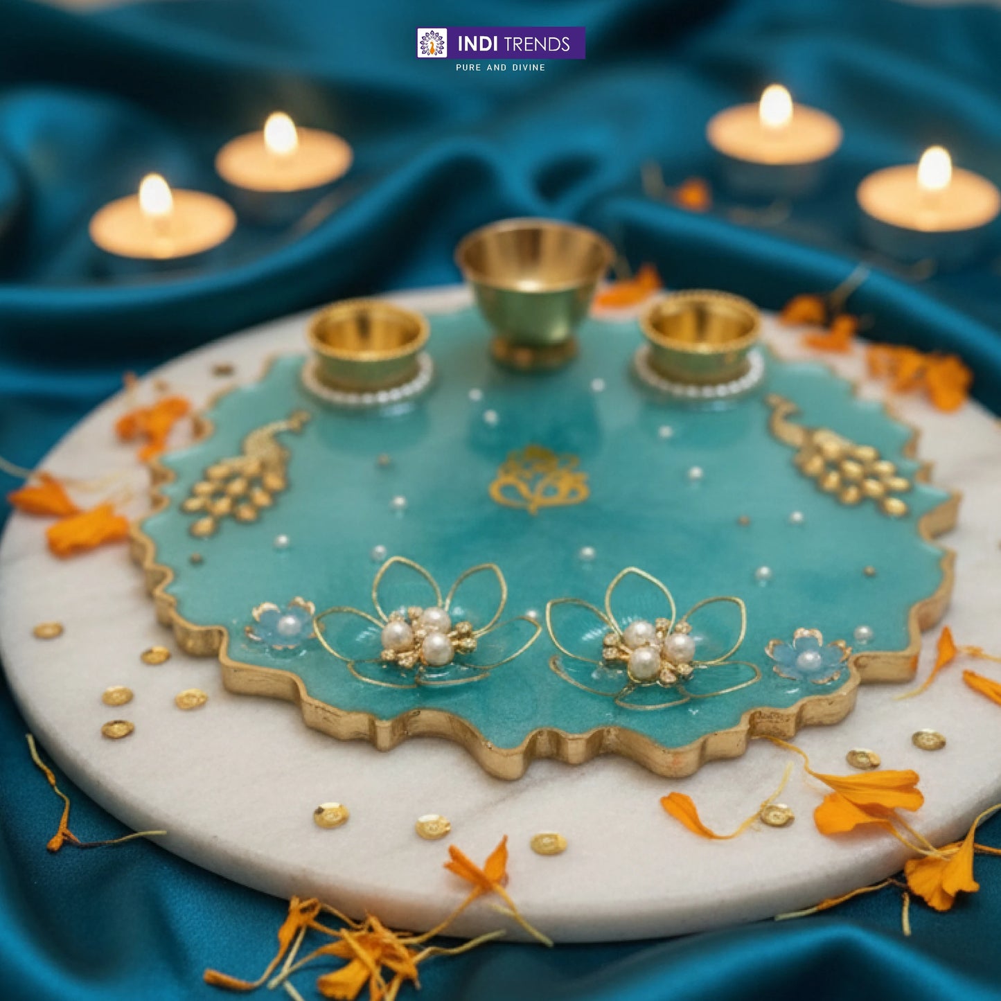 Handcrafted Resin Decorative Pooja Dish with Pearl & Floral Detailing