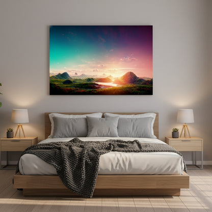 The Magical Moment Where The Teal Sky Kisses The Burning Orange Horizon Over The Strange Green Hills