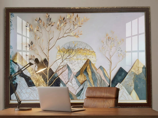 Golden Mountain Landscape Resin Wall Art | 2×3 ft Premium Handcrafted Decor | Indi Trends