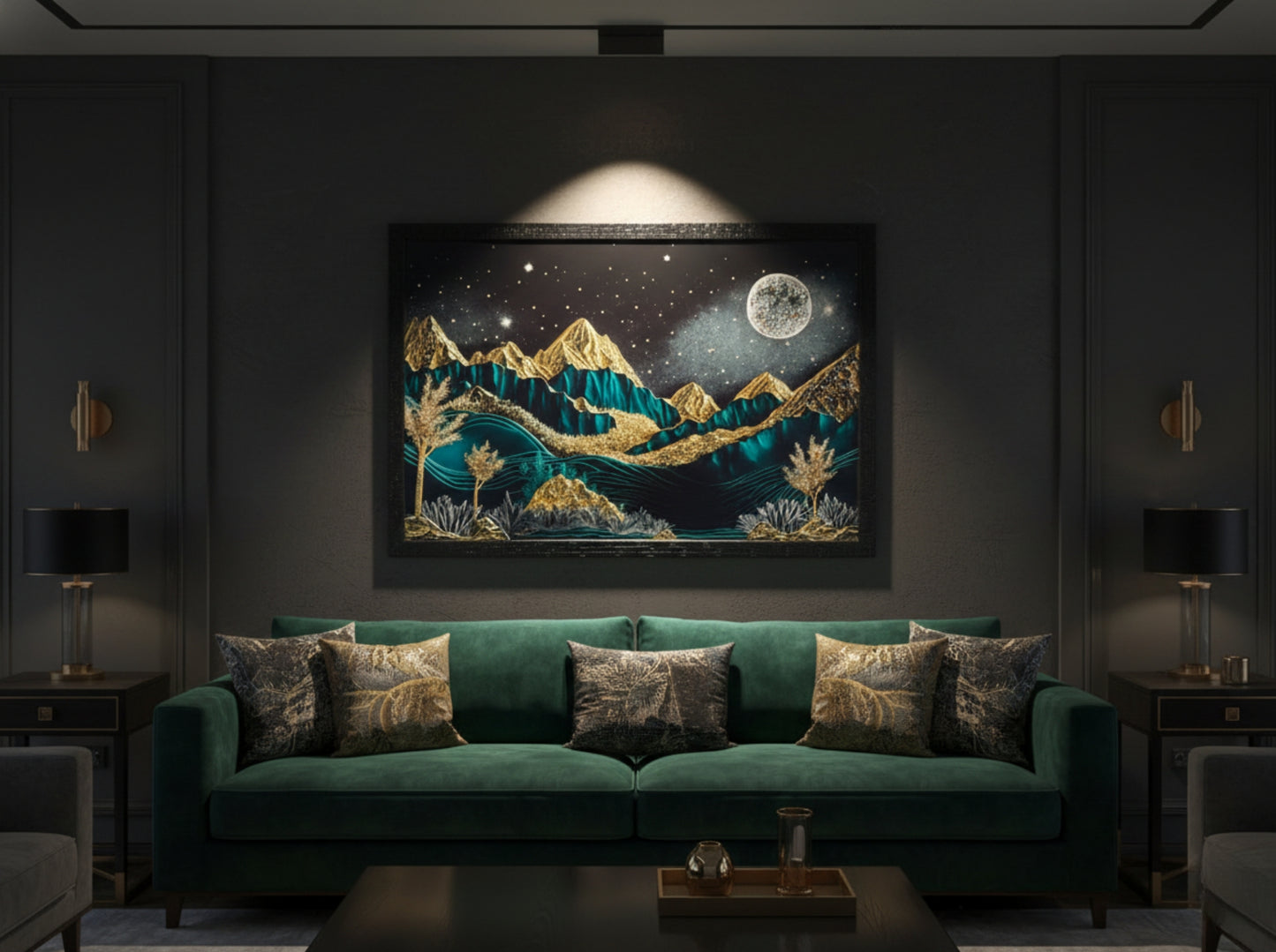 Dark Moonlit Mountain Resin Wall Art | 2×3 ft Premium Handcrafted Luxury Decor | Indi Trends