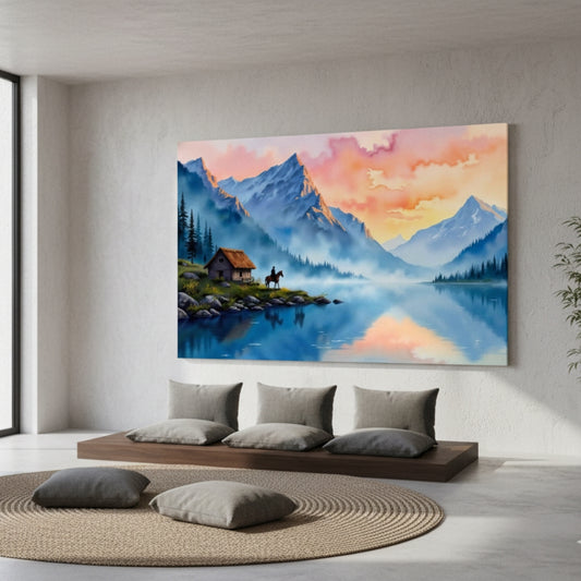 Mountain Landscape with Lake and Cabin Canvas Art