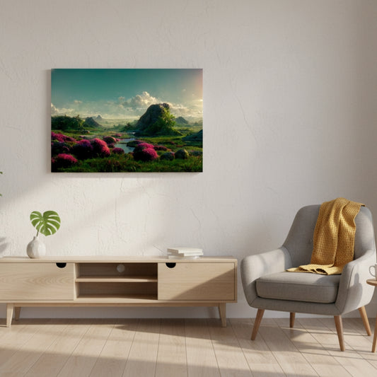 The Vibrant Magenta Blooms That Carpet The Emerald Valley Under A Vast And Surreal Teal Summer Sky