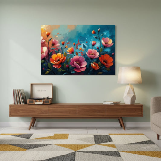 Vivid Coral & Teal Floral Canvas