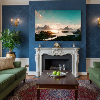 Vibrant River Sunrise Canvas Print - Teal Sky Mountain Landscape Art