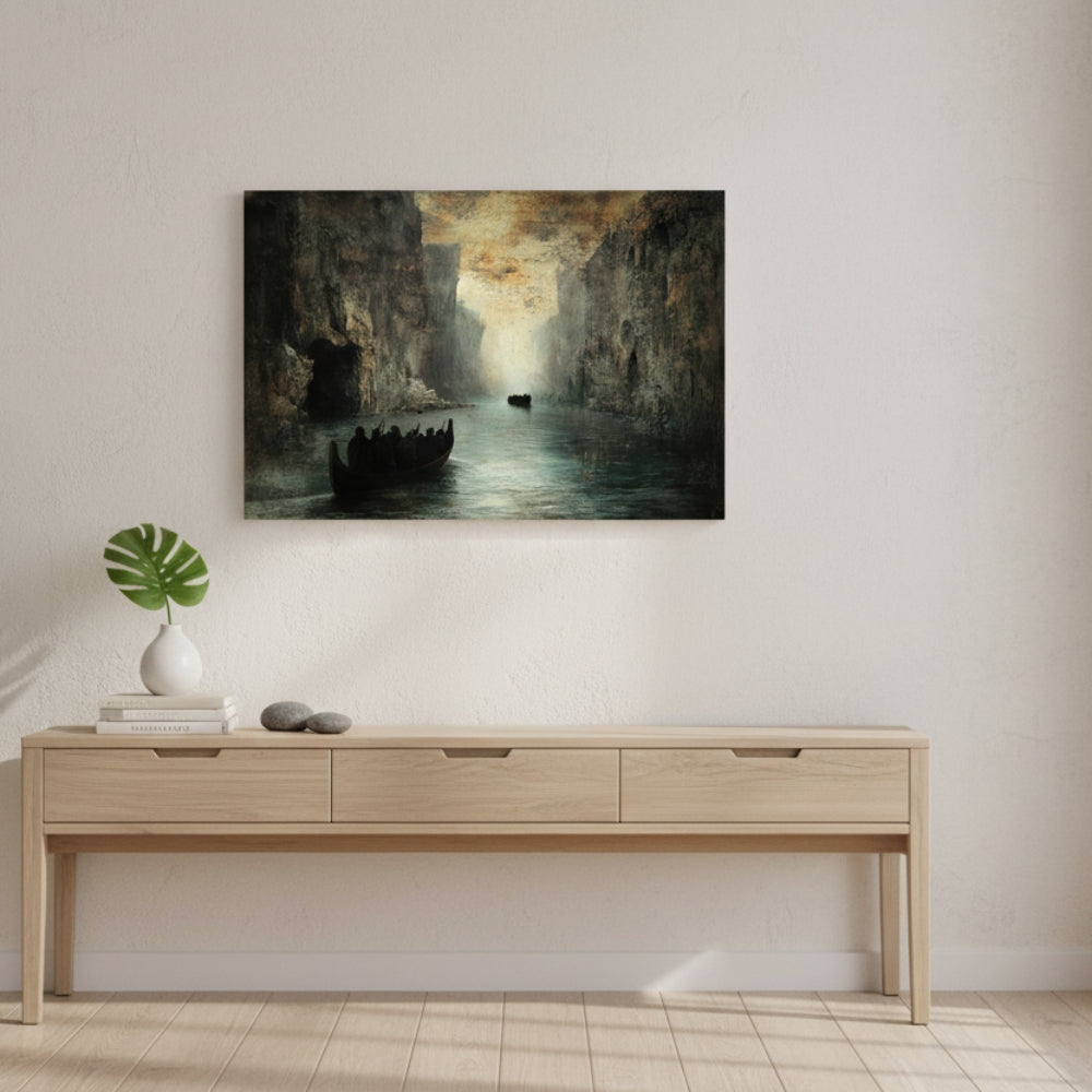 Forgotten Travelers Seeking Passage Between The Immense Granite Walls Of An Ancient Majestic Gorge