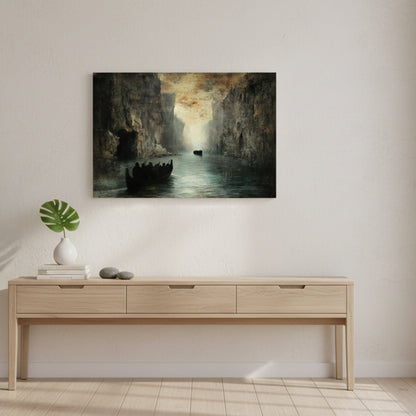 Forgotten Travelers Seeking Passage Between The Immense Granite Walls Of An Ancient Majestic Gorge