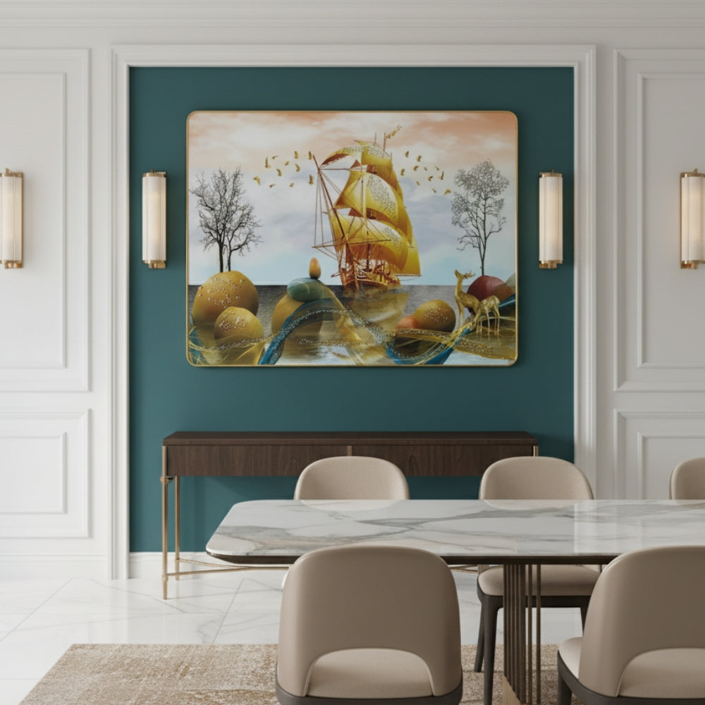 Golden Prosperity Ship Resin Wall Art (21x27") – Surreal 3D Vastu Seascape for Wealth & Success Decor