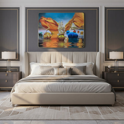 Surreal Fantasy Seascape Canvas Wall Art - Golden Ship With Giant Butterfly Wings And Floating Orbs