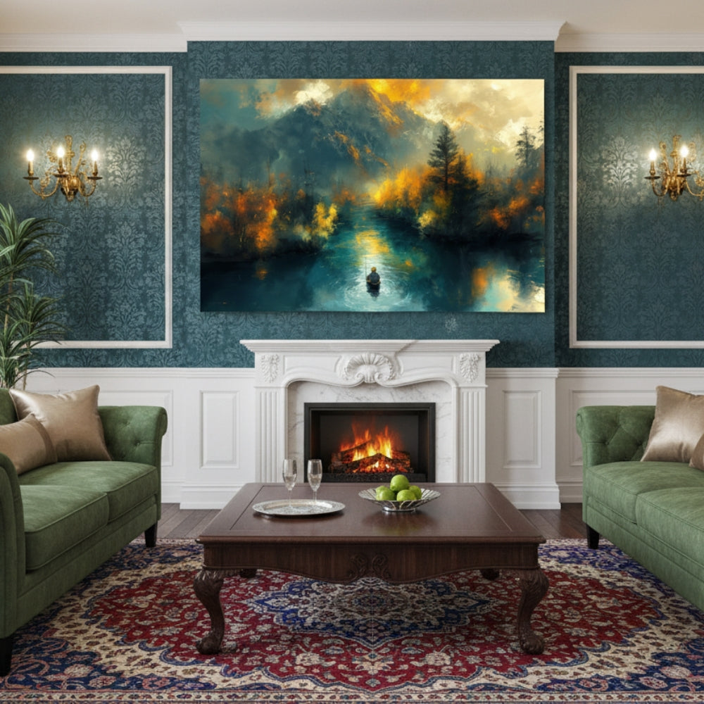 Abstract River of Gold Canvas Print - Solitary Boat Wall Decor