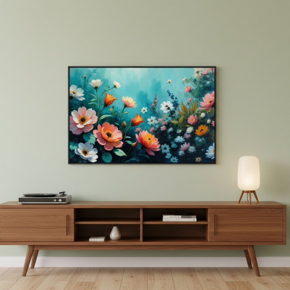 Coral and Teal Garden Floral Canvas