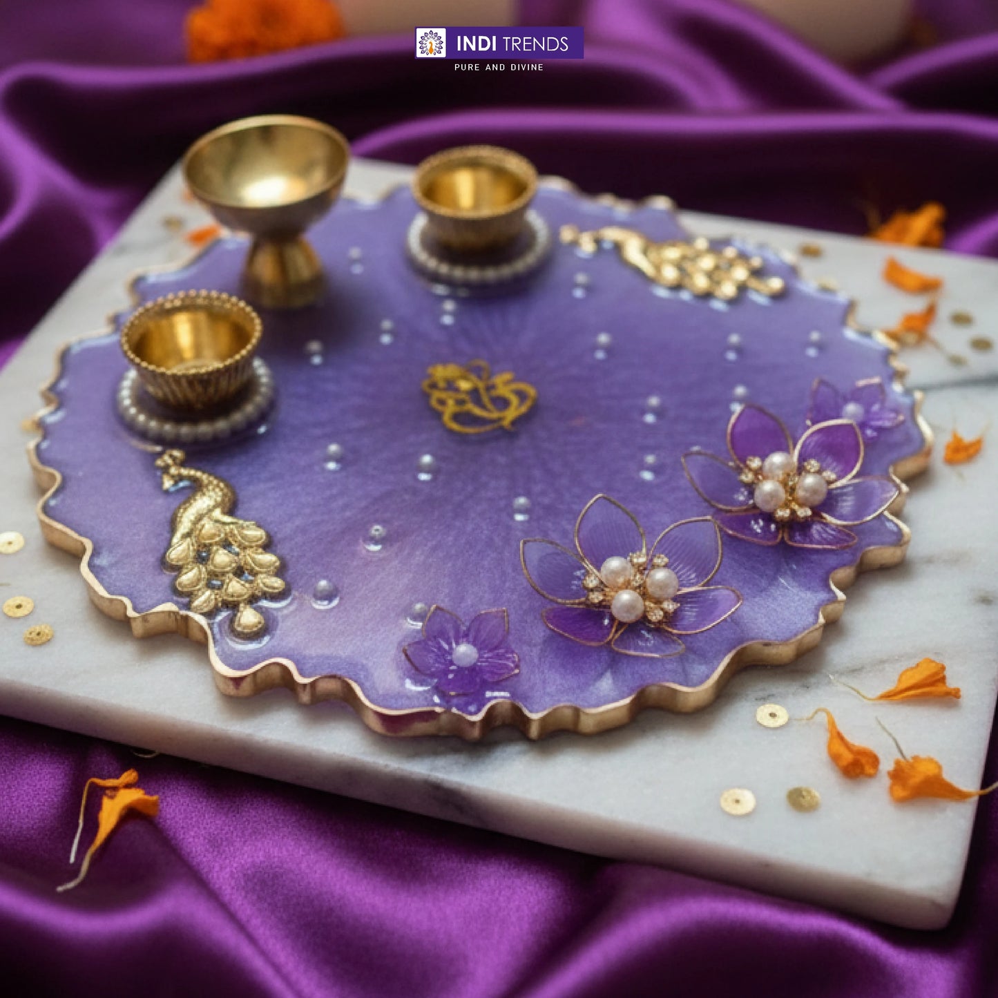 Handcrafted Resin Decorative Pooja Dish with Pearl & Floral Detailing