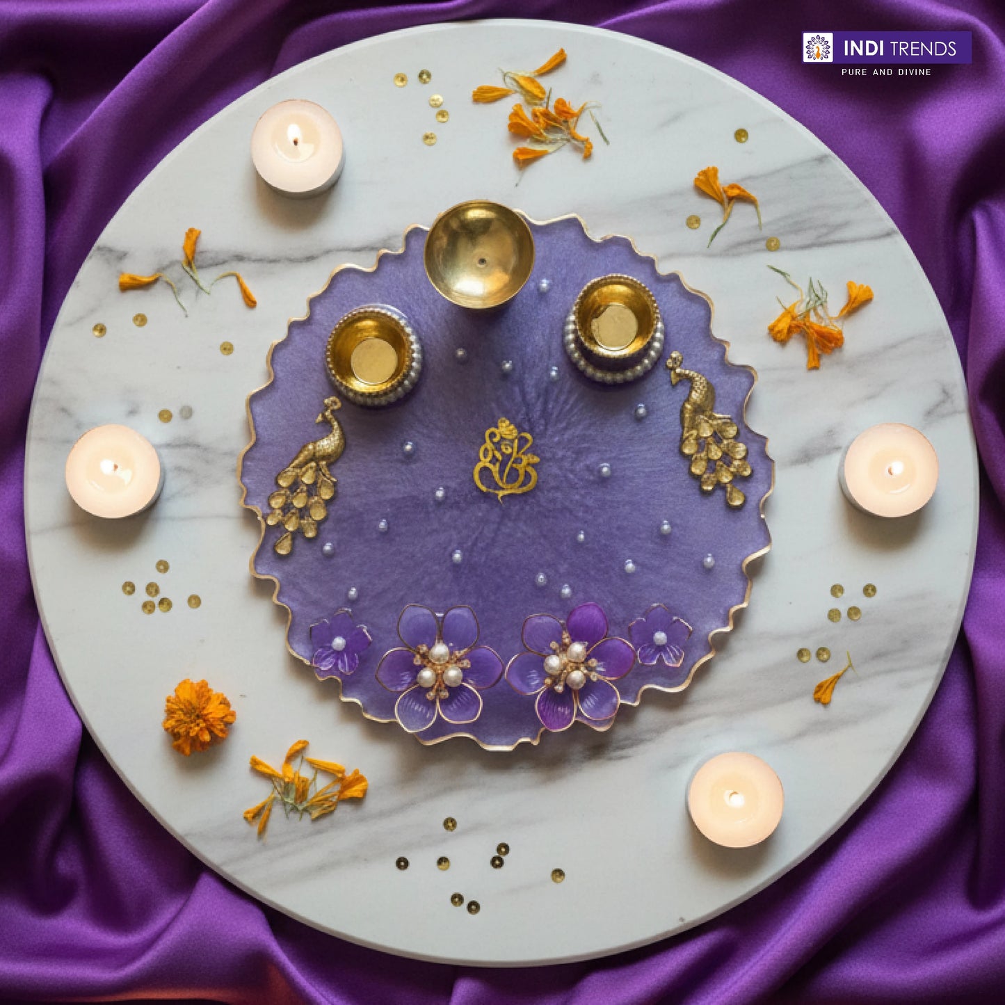 Handcrafted Resin Decorative Pooja Dish with Pearl & Floral Detailing