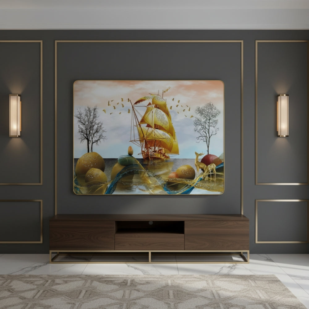 Golden Prosperity Ship Resin Wall Art (21x27") – Surreal 3D Vastu Seascape for Wealth & Success Decor