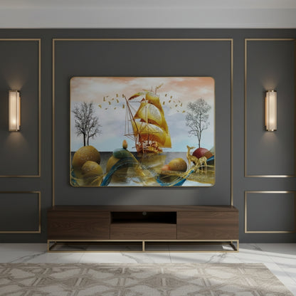 Golden Prosperity Ship Resin Wall Art (21x27") – Surreal 3D Vastu Seascape for Wealth & Success Decor