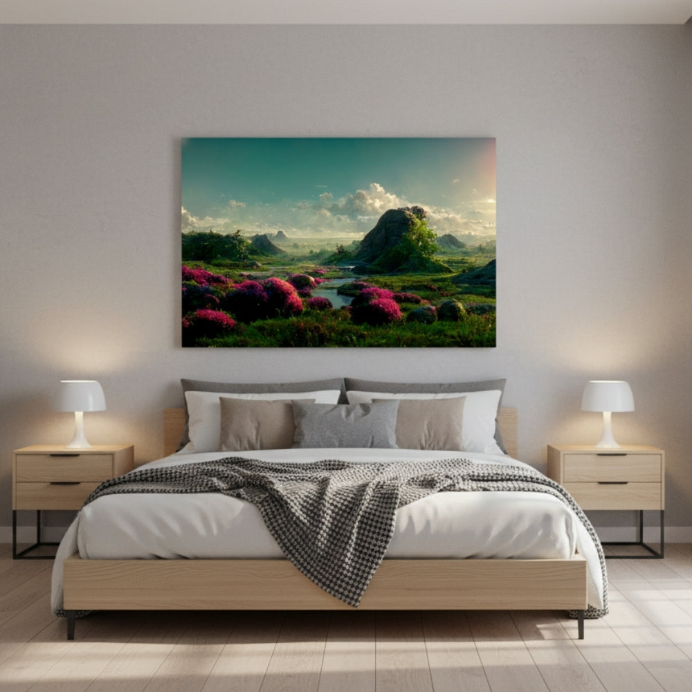 The Vibrant Magenta Blooms That Carpet The Emerald Valley Under A Vast And Surreal Teal Summer Sky