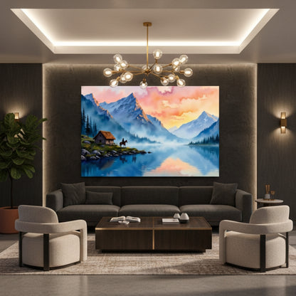 Mountain Landscape with Lake and Cabin Canvas Art