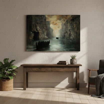 Forgotten Travelers Seeking Passage Between The Immense Granite Walls Of An Ancient Majestic Gorge