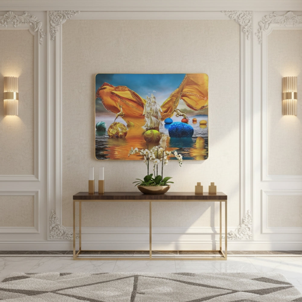 Surreal Fantasy Seascape Canvas Wall Art - Golden Ship With Giant Butterfly Wings And Floating Orbs