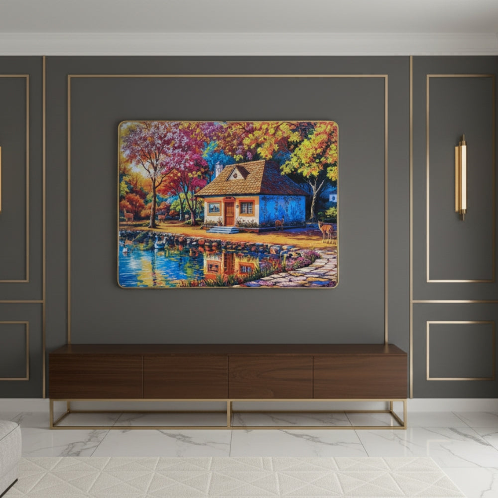 A Charming Little Cottage Nestled Among Vibrant Colorful Trees At The Edge Of A Peaceful Blue Lake