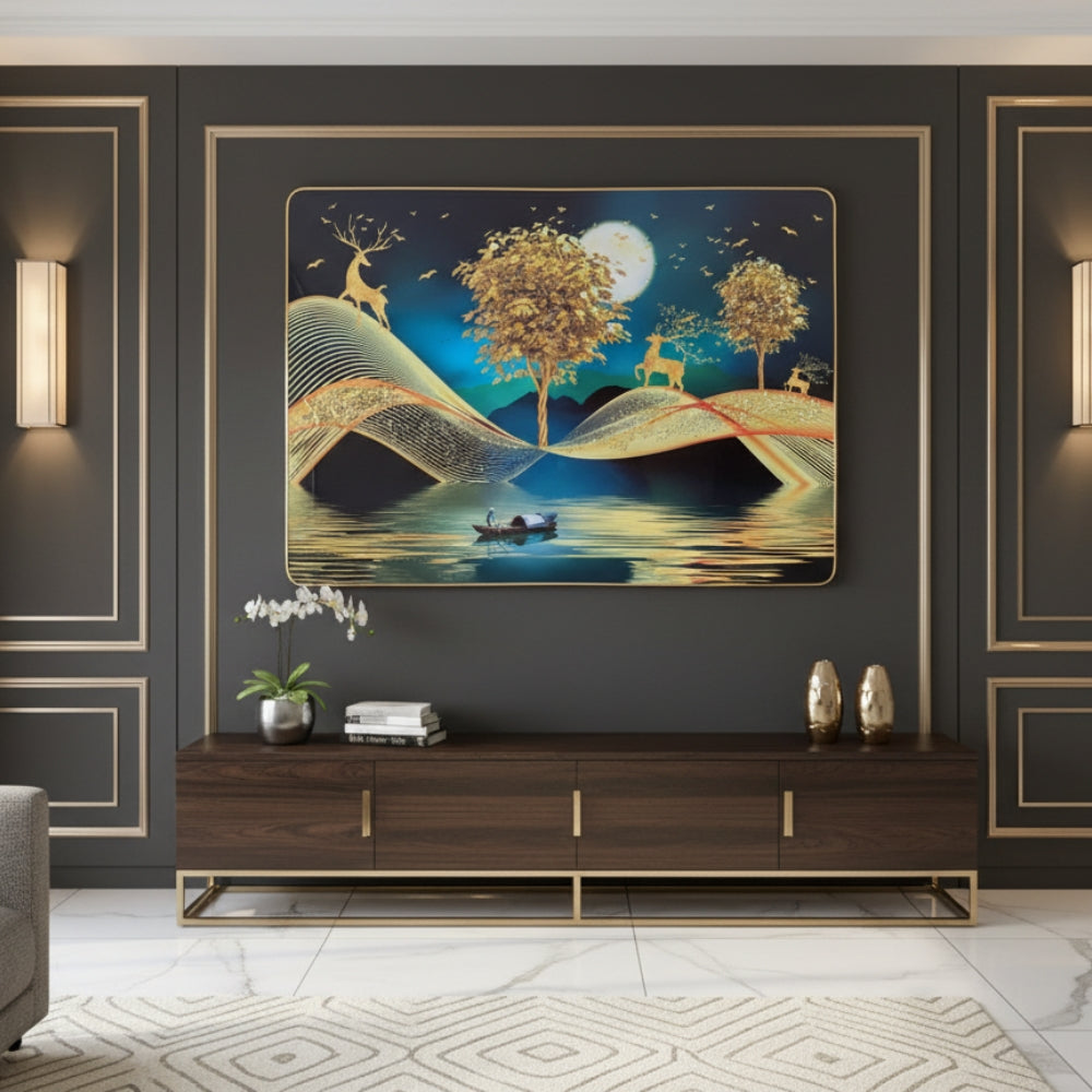 Luxury Golden Deer & Moon Resin Wall Art (21x27") – 3D Look Abstract Night Scenery for Living Room Vastu & Prosperity Decor
