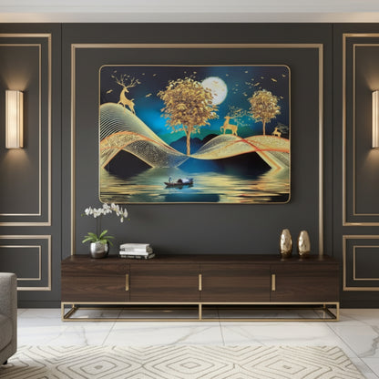 Luxury Golden Deer & Moon Resin Wall Art (21x27") – 3D Look Abstract Night Scenery for Living Room Vastu & Prosperity Decor
