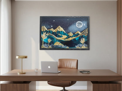 Dark Moonlit Mountain Resin Wall Art | 2×3 ft Premium Handcrafted Luxury Decor | Indi Trends