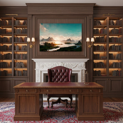 Vibrant River Sunrise Canvas Print - Teal Sky Mountain Landscape Art