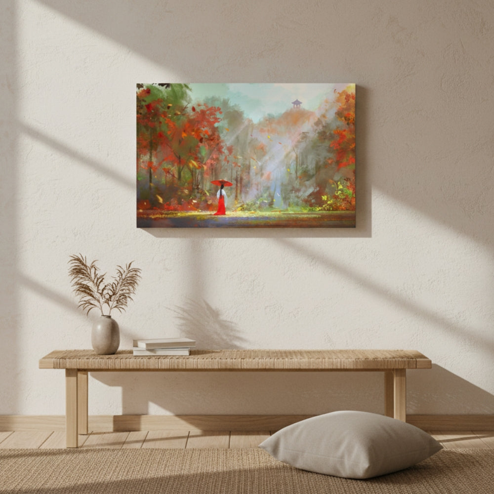Red Umbrella in Autumn Forest Canvas Print
