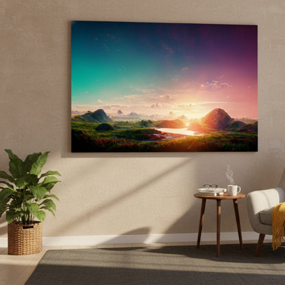 The Magical Moment Where The Teal Sky Kisses The Burning Orange Horizon Over The Strange Green Hills