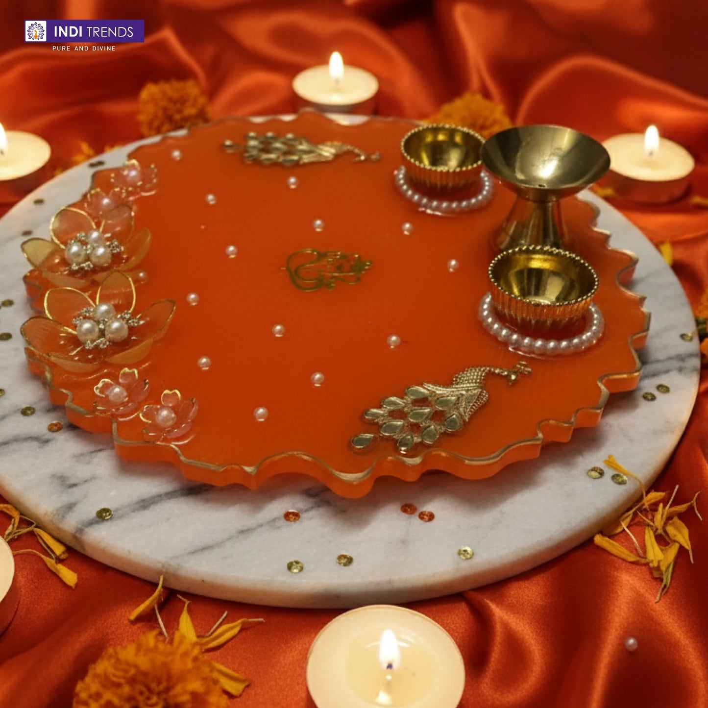 Handcrafted Resin Decorative Pooja Dish with Pearl & Floral Detailing