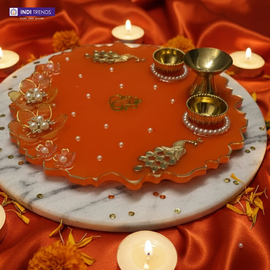 Handcrafted Resin Decorative Pooja Dish with Pearl & Floral Detailing