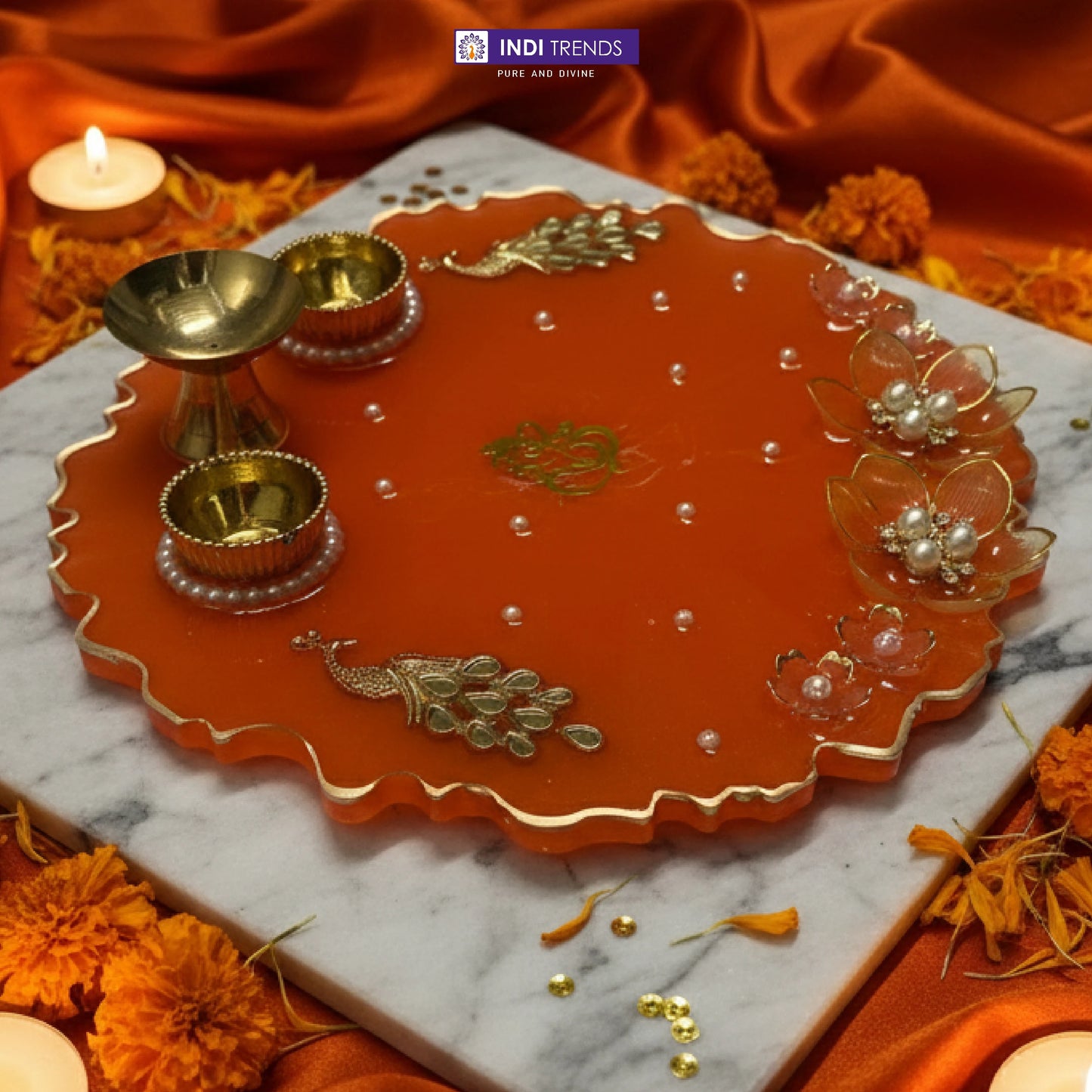 Handcrafted Resin Decorative Pooja Dish with Pearl & Floral Detailing