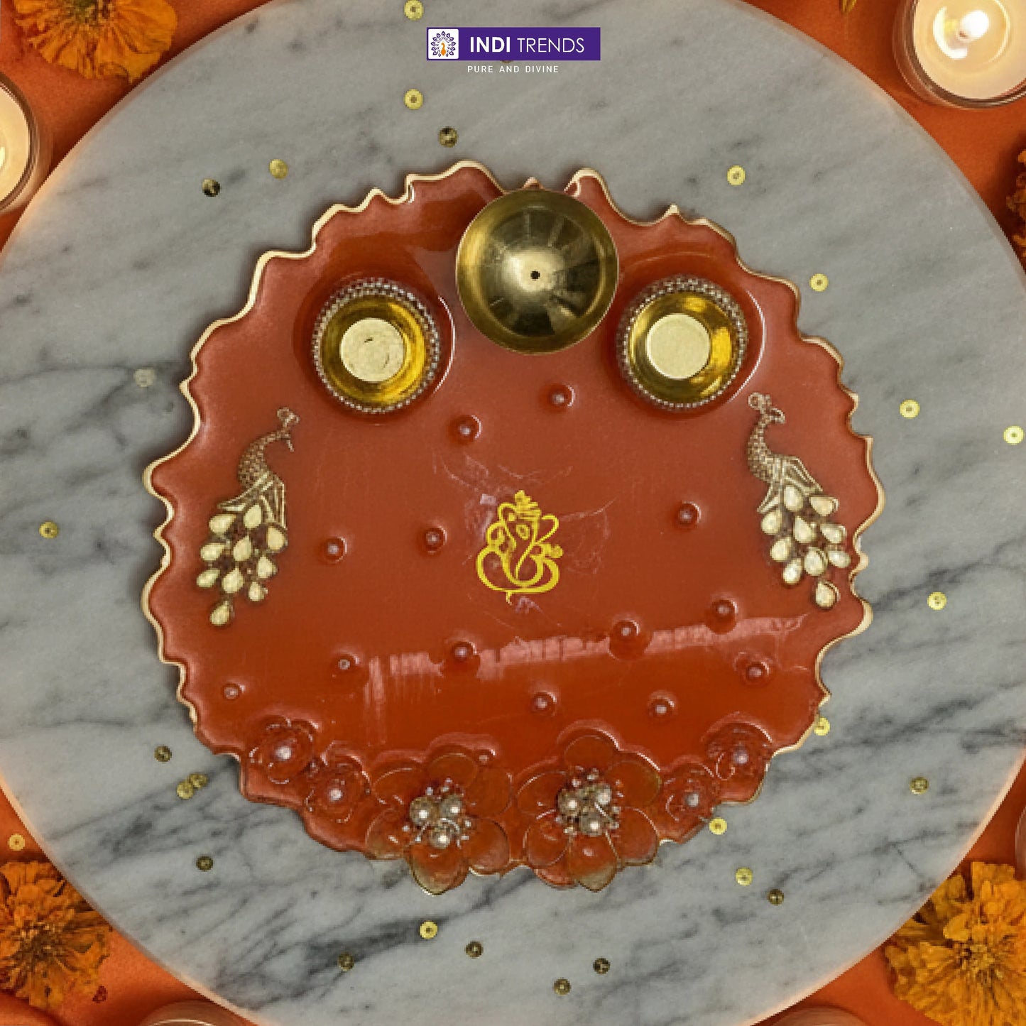Handcrafted Resin Decorative Pooja Dish with Pearl & Floral Detailing