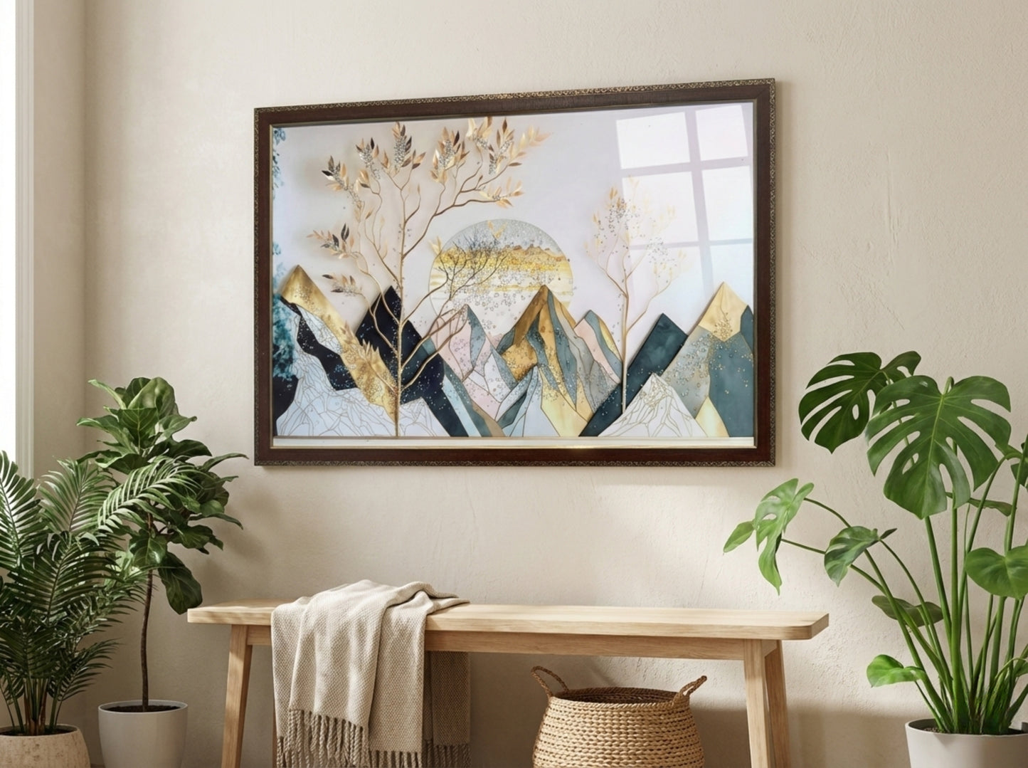 Golden Mountain Landscape Resin Wall Art | 2×3 ft Premium Handcrafted Decor | Indi Trends
