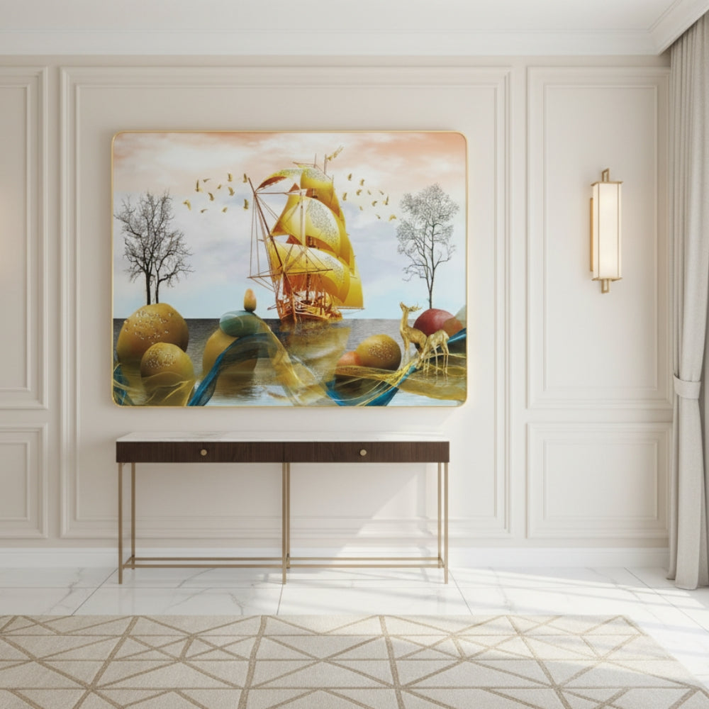Golden Prosperity Ship Resin Wall Art (21x27") – Surreal 3D Vastu Seascape for Wealth & Success Decor