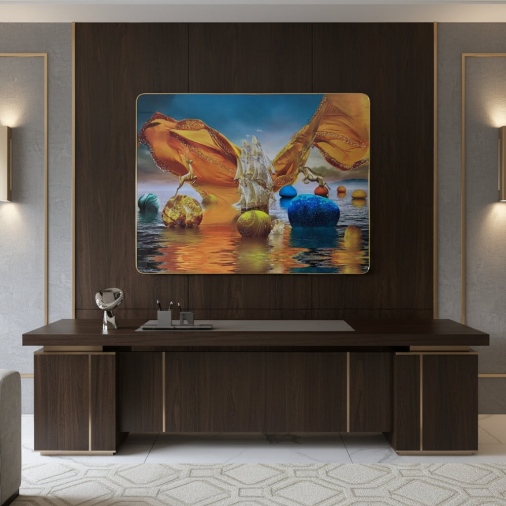 Surreal Fantasy Seascape Canvas Wall Art - Golden Ship With Giant Butterfly Wings And Floating Orbs