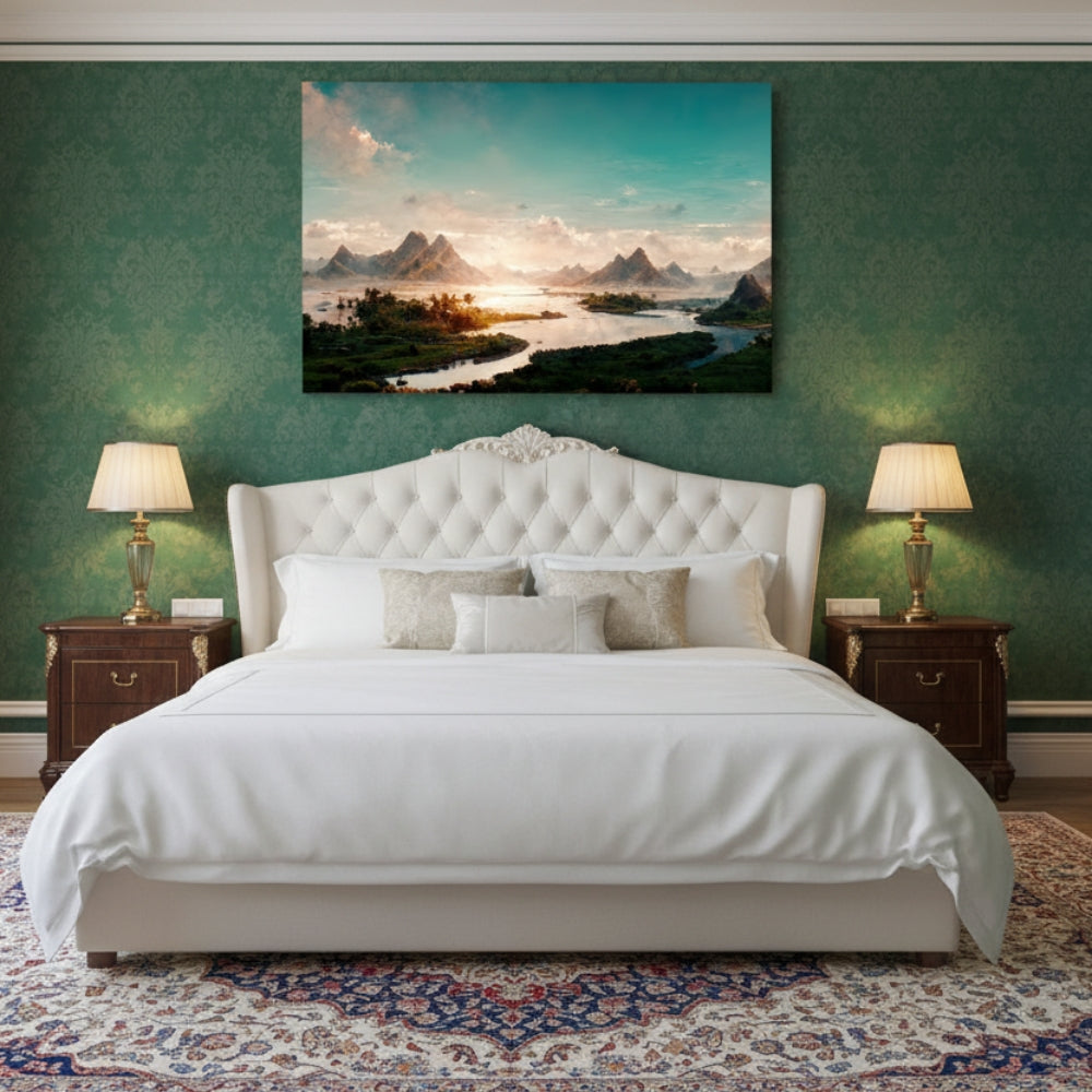 Vibrant River Sunrise Canvas Print - Teal Sky Mountain Landscape Art