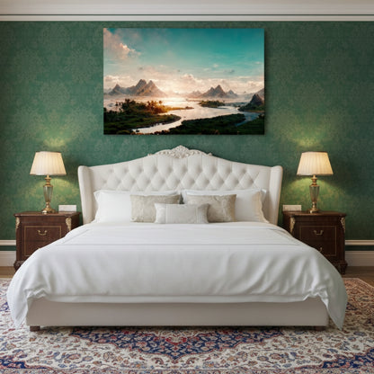 Vibrant River Sunrise Canvas Print - Teal Sky Mountain Landscape Art